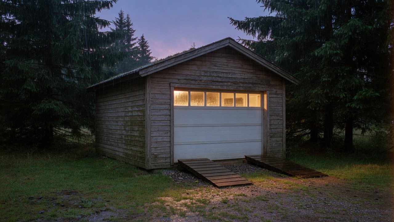 Den lilla trävagnen i tallskogen i Sällstorp, med varmt verkstadsljus i porten.