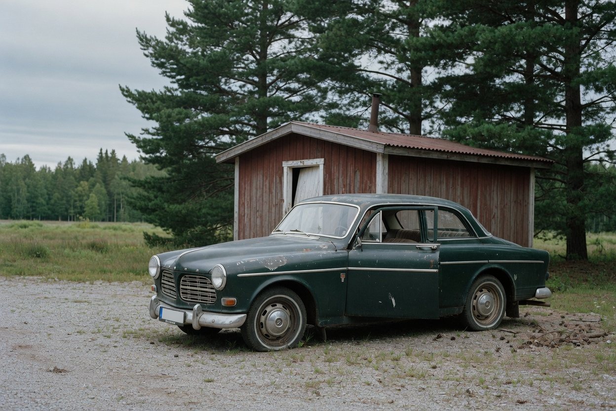 En sliten grön Volvo Amazon på grusplanen.