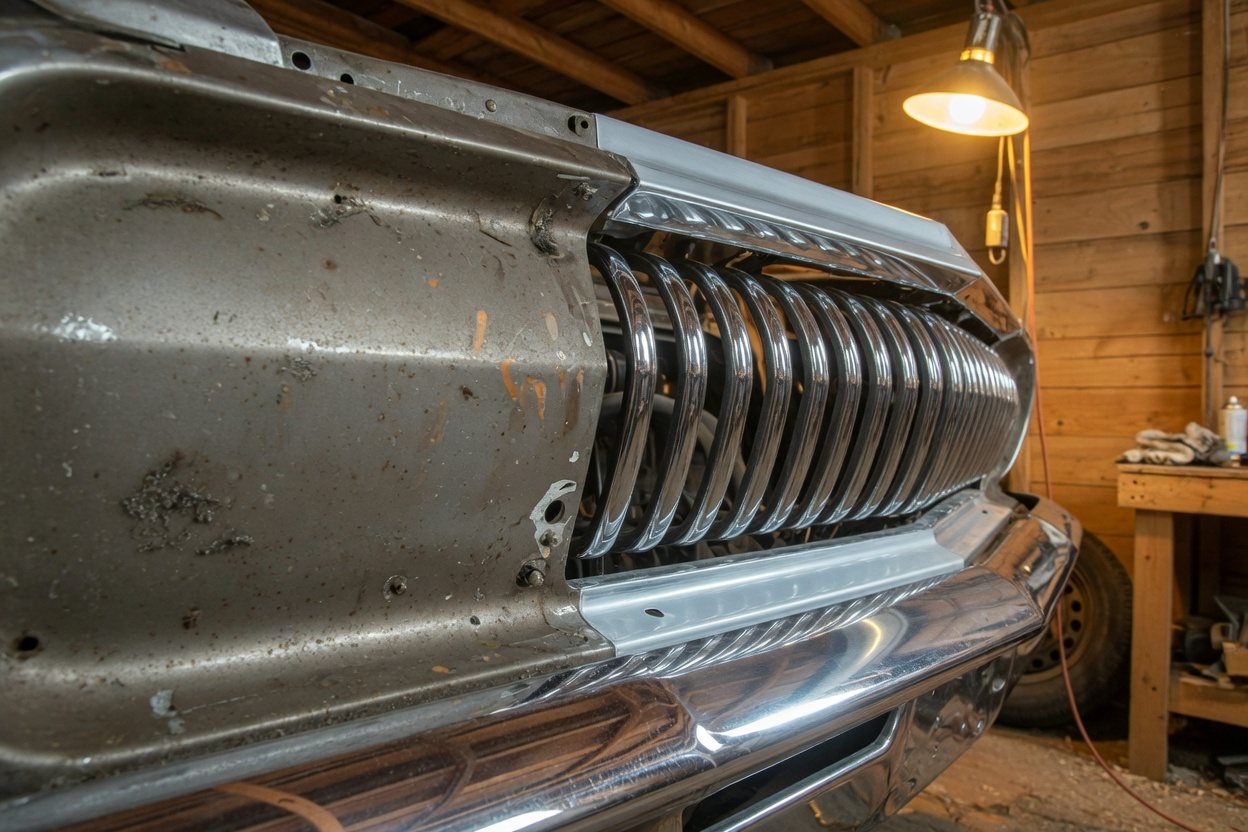 Kromad grill under restaurering, halvt oxiderad, halvt polerad.